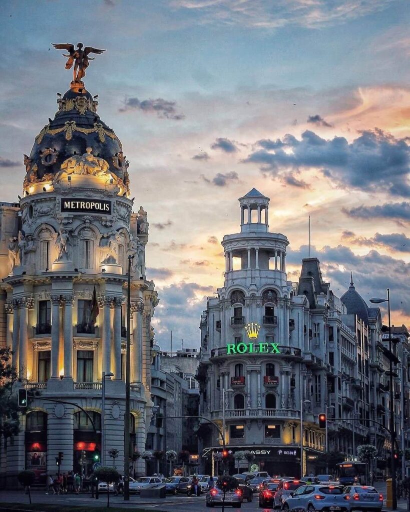 Madrid skyline at sunset- luxury escort services in Spain's vibrant capital for elite companionship